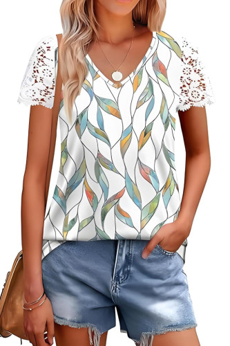 Printed V-Neck Lace Short Sleeved T-Shirt
