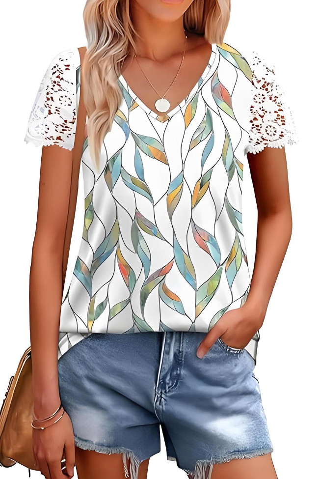 Printed V-Neck Lace Short Sleeved T-Shirt