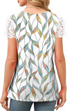 Printed V-Neck Lace Short Sleeved T-Shirt