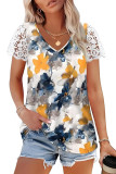Printed V-Neck Lace Short Sleeved T-Shirt