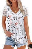 Printed V-Neck Lace Short Sleeved T-Shirt