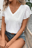 Hollow Out Short Sleeved Lace V-Neck Shirt