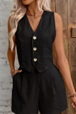 Linen V-Neck Vest Shorts Two-Piece Set
