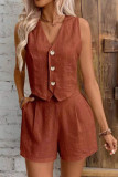 Linen V-Neck Vest Shorts Two-Piece Set