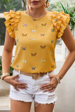 Ruffled Short Sleeved Round Neck Polka Dot Shirt