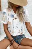 Ruffle V-Neck Printed Bubble Sleeve Shirt