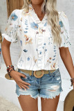 Ruffle V-Neck Printed Bubble Sleeve Shirt