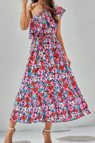 Slant Shoulder Printed Ruffle Edge Dress