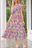 Slant Shoulder Printed Ruffle Edge Dress