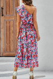 Slant Shoulder Printed Ruffle Edge Dress