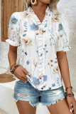 Ruffle V-Neck Printed Bubble Sleeve Shirt