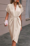 Solid Color V-Neck Irregular Short Sleeved Dress
