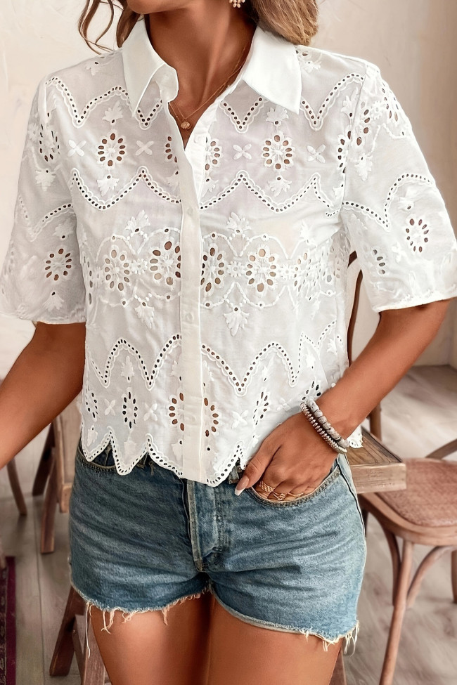 Solid Color Hollow Short Sleeved Lace Shirt