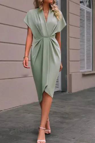 Solid Color V-Neck Irregular Short Sleeved Dress