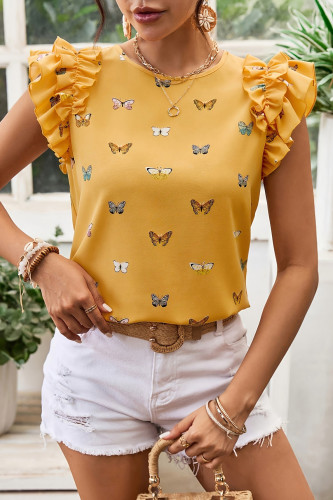 Ruffled Short Sleeved Round Neck Polka Dot Shirt