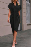 Solid Color V-Neck Irregular Short Sleeved Dress