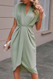 Solid Color V-Neck Irregular Short Sleeved Dress