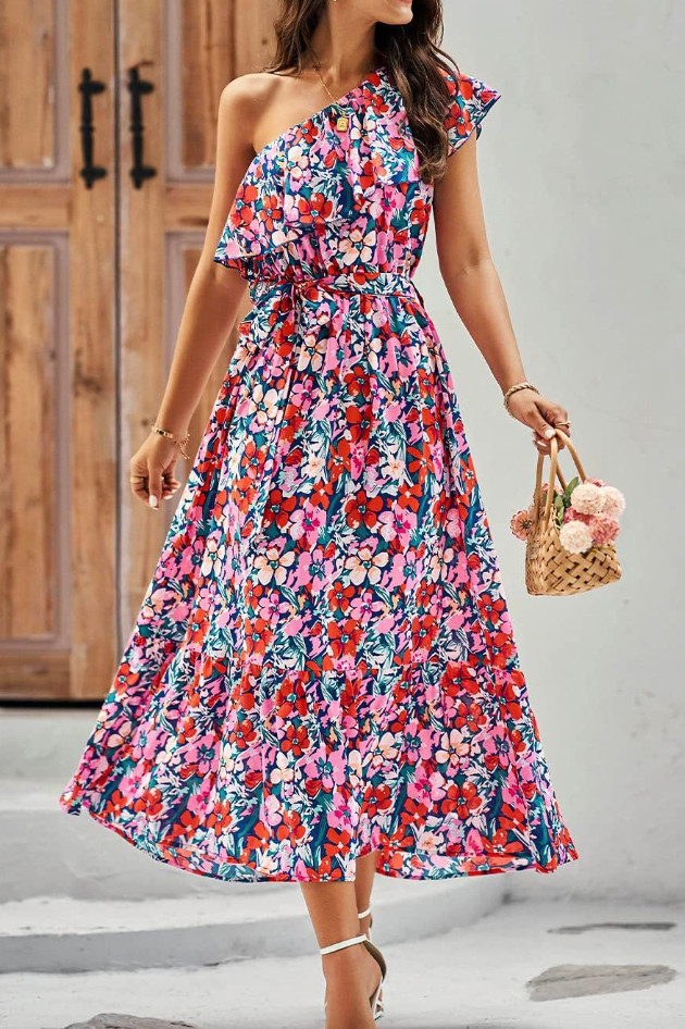 Slant Shoulder Printed Ruffle Edge Dress