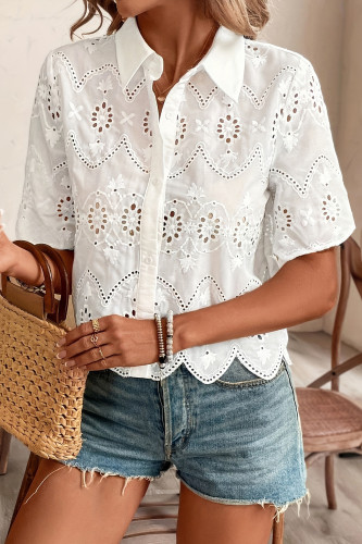 Solid Color Hollow Short Sleeved Lace Shirt
