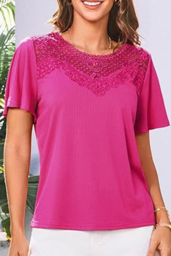 Lace Floral Round Neck Short Sleeve T-Shirt