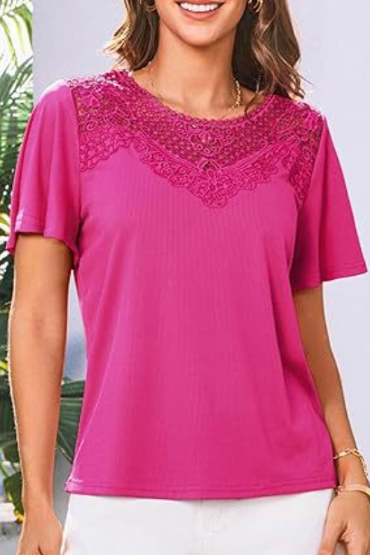 Lace Floral Round Neck Short Sleeve T-Shirt