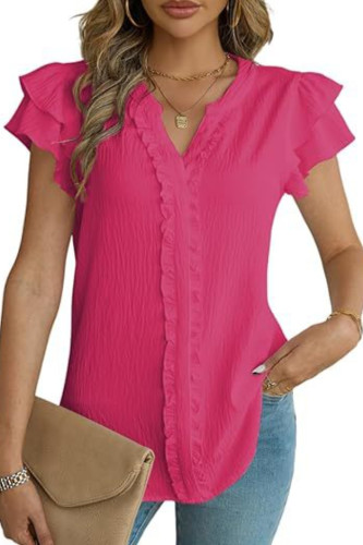 Double-Layer Ruffled Short Sleeved V-Neck Shirt