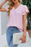 V-Neck Chiffon Ruffled Short Sleeved Shirt