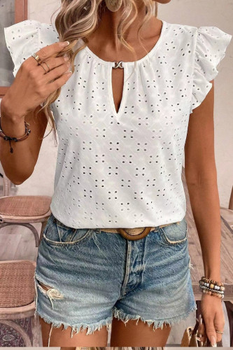 Jacquard V-Neck Ruffled Short Sleeved T-Shirt