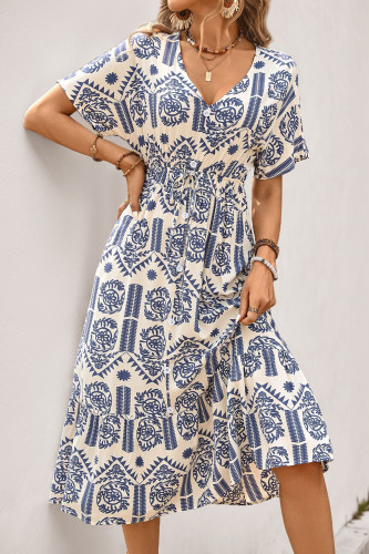 Ethnic Style Printed V-Neck Short Sleeved Dress