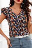 Printed V-Neck Ruffled Short Sleeved Shirt