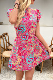 Printed Backless Round Neck Short Sleeved Dress