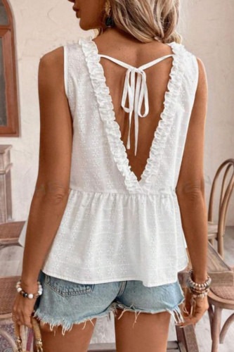 Solid Color V-Neck Lace Backless Sleeveless Shirt