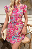 Printed Backless Round Neck Short Sleeved Dress