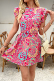 Printed Backless Round Neck Short Sleeved Dress