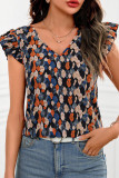 Printed V-Neck Ruffled Short Sleeved Shirt