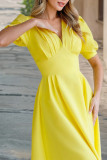 Retro Solid Color V-Neck Lantern Sleeve Dress