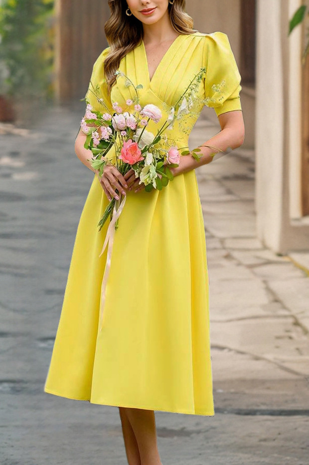 Retro Solid Color V-Neck Lantern Sleeve Dress