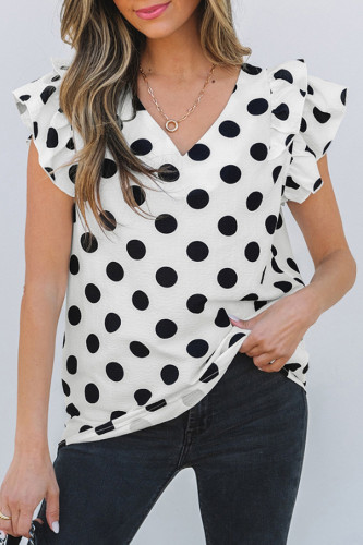 Polka Dot Printed Lotus Leaf Sleeve Chiffon Shirt