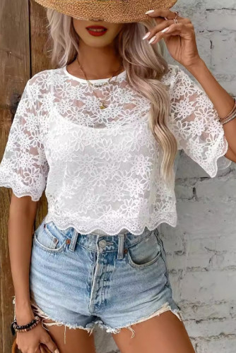 Solid Color Lace Round Neck Short Sleeved T-Shirt