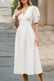 Retro Solid Color V-Neck Lantern Sleeve Dress