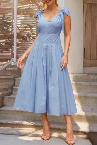 Solid Color V-Neck Strap Waist Cinching Dress