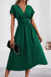 Solid Color V-Neck Bat Short Sleeve Dress