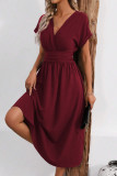 Solid Color V-Neck Bat Short Sleeve Dress