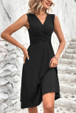 Solid Color V-Neck Pleated Sleeveless Dress
