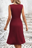 Solid Color V-Neck Pleated Sleeveless Dress