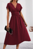Solid Color V-Neck Bat Short Sleeve Dress