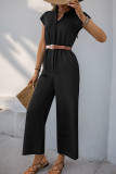 Lapel Short Sleeved Solid Color Straight Leg Jumpsuit