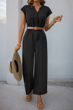 Lapel Short Sleeved Solid Color Straight Leg Jumpsuit