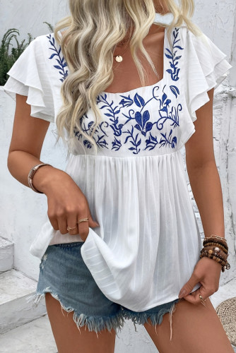 Lotus Leaf Edge Short Sleeved Printed Square Neck T-Shirt