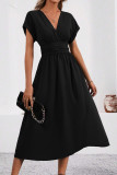 Solid Color V-Neck Bat Short Sleeve Dress